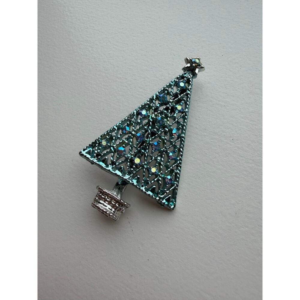 Vintage Silver Tone Blue Rhinestone Holiday Christmas Tree Brooch Pin - Picture 6 of 8